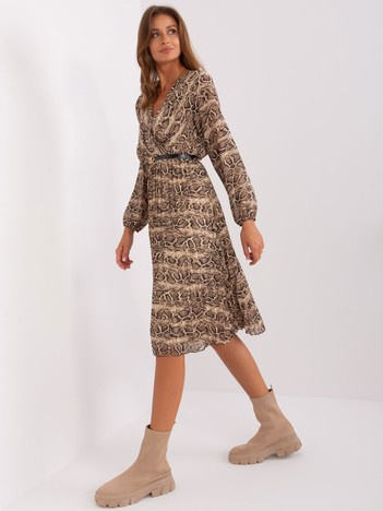 Beige and black flared dress with print.