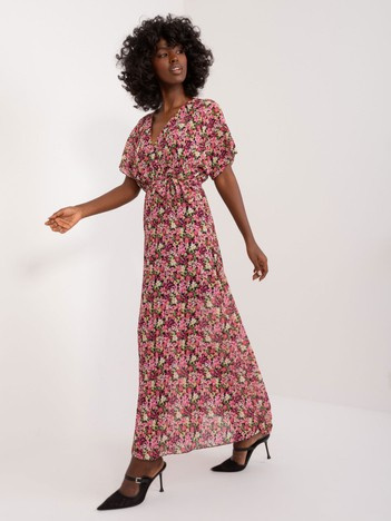 Wholesale Black-Pink Long Women's Dress with Floral Patterns.