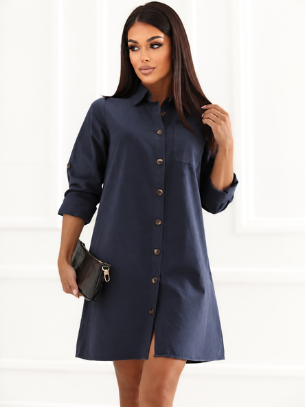 Navy blue denim dress with buttons.