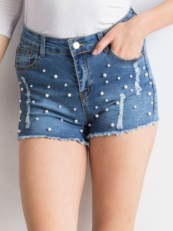 Blue denim shorts with pearls and rips