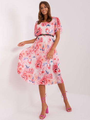Beige-pink flared dress with flowers.