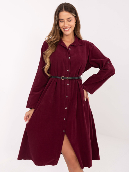 Burgundy flared corduroy dress.