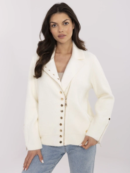 Ecru alpaca jacket in a biker style.