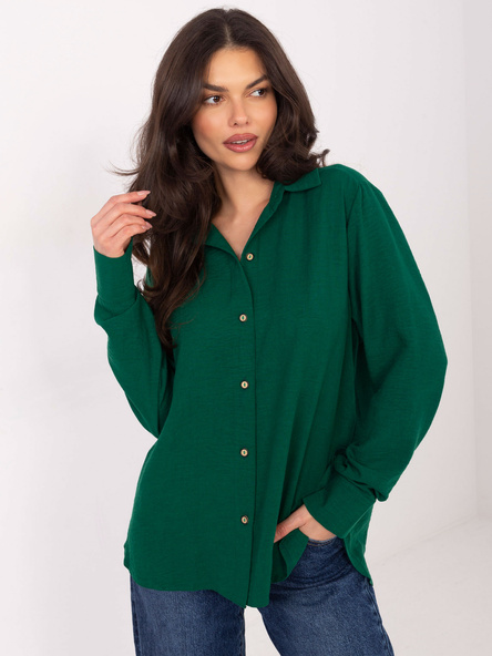 Dark green zip-up cotton shirt.