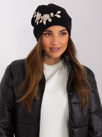Black and beige knitted hat with appliqué and rhinestones