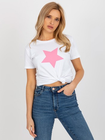 Hurt white-pink women's t-shirt with BASIC FEEL GOOD print.