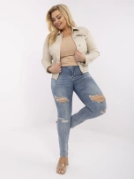 Beżowa jeansowa kurtka plus size z kołnierzykiem
