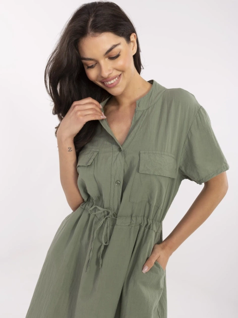 Khaki midi sukienka ze ściągaczem w pasie