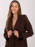 Brown blazer with lace trim.