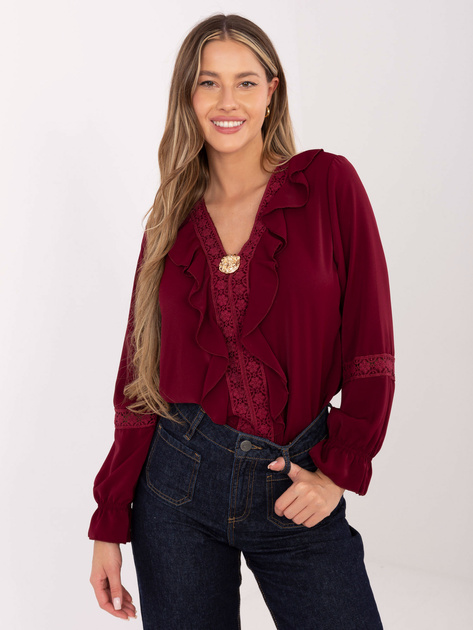 Burgundowa elegancka bluzka z rękawem typu dzwon