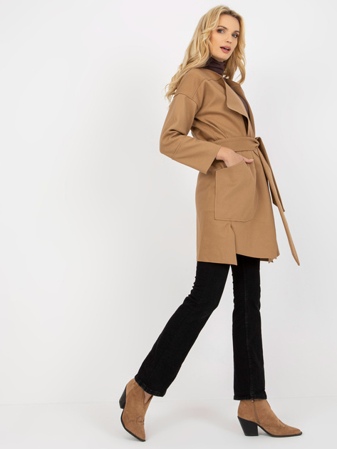 Hurt Camelowy cienki płaszcz z paskiem wiązanym OCH BELLA