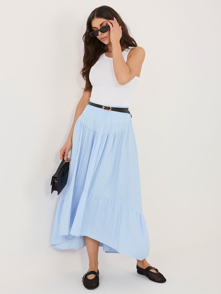Jasnoniebieska rozkloszowana spódnica w kratkę