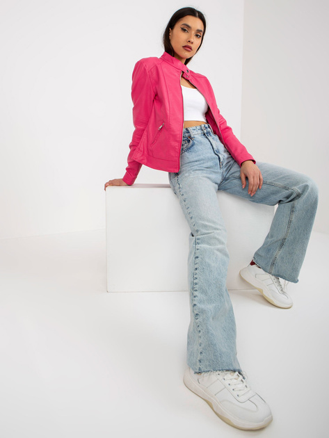 Hurt Ciemnoróżowa damska kurtka z ekoskóry biker z kieszeniami