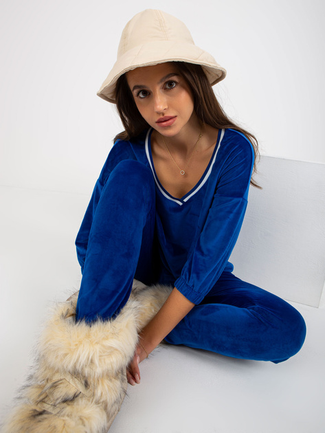 Hurt Kobaltowy komplet welurowy z dekoltem w serek