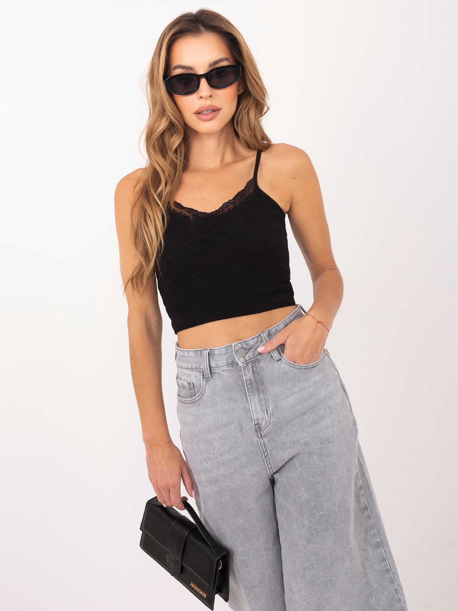 Czarny krótki top basic w prążki RUE PARIS