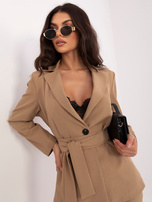 Camelowy dwuczęściowy garnitur z szerokimi spodniami