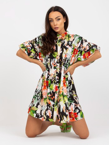 Hurtownia Czarna mini sukienka w kwiaty z zapięciem na guziki