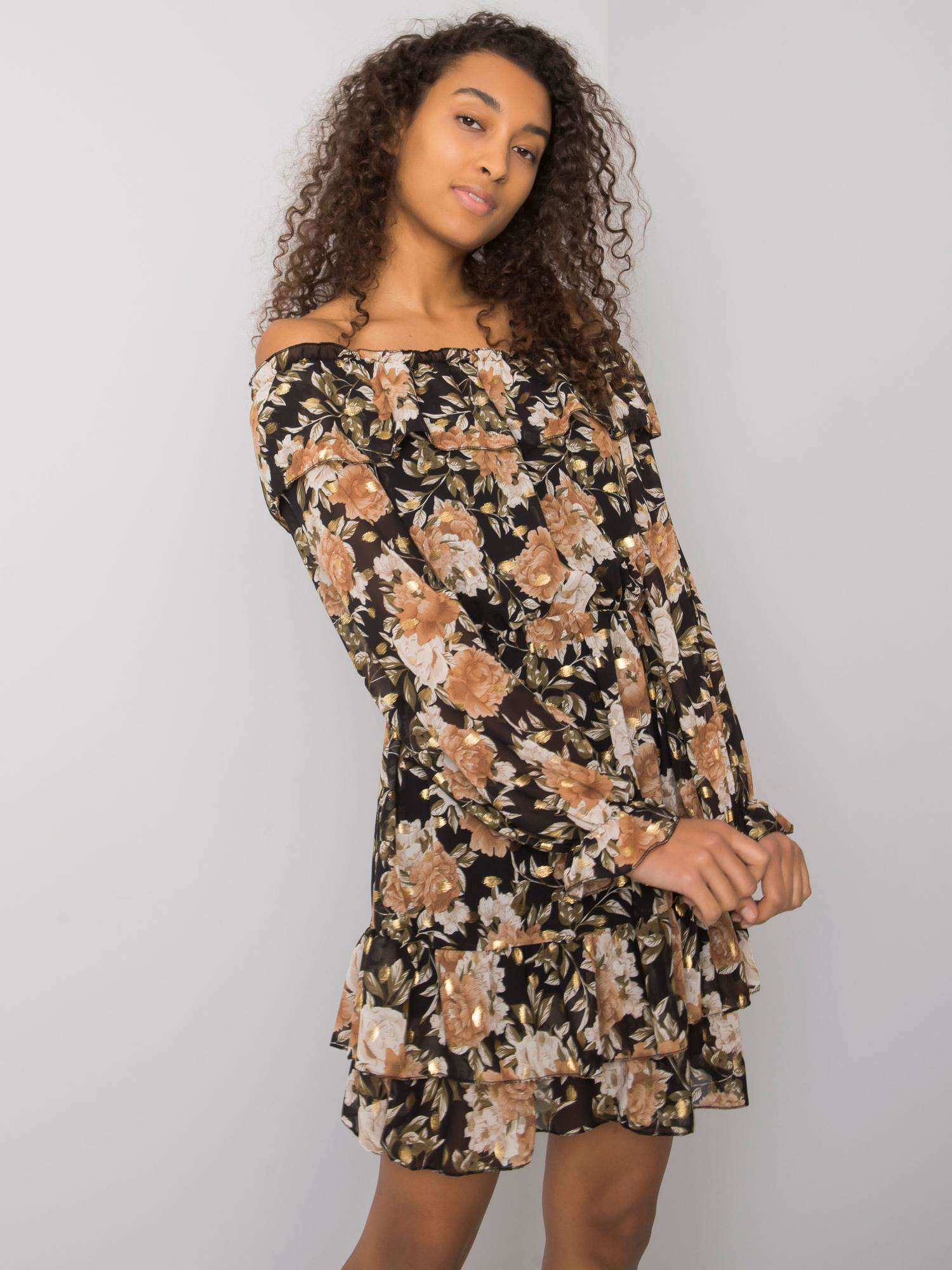 Schwarz-beige Carmen-Kleid mit Mustern Calgary.