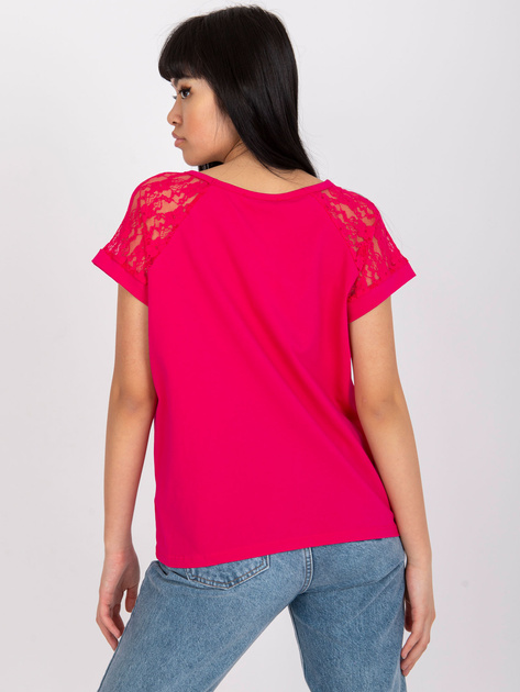 Fuksjowa bluzka z koronką na rękawach RUE PARIS