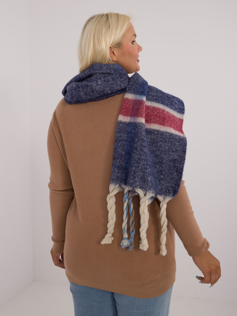 Hurt Granatowy szal damski w kratę z długimi frędzlami