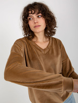 Hurt Camelowa welurowa bluza bez kaptura z dekoltem V