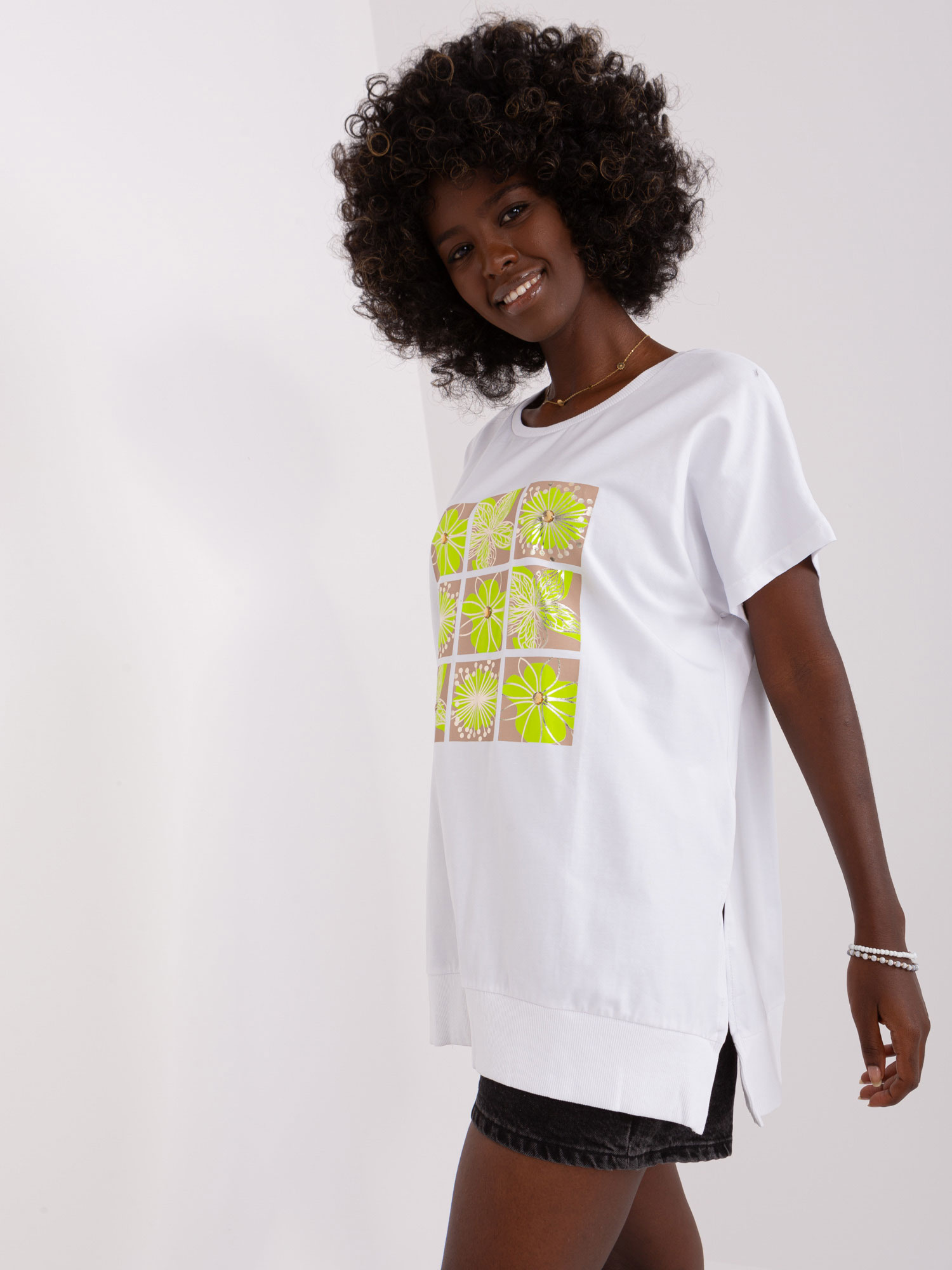 White and lime blouse with print and slits