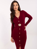 Burgundy knitted dress with decorative buttons.