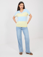 Pastelowa niebiesko-żółta bawełniana bluzka z dekoltem V