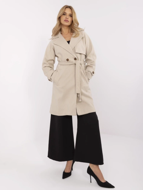 Beżowy damski płaszcz z wiązanym paskiem OCH BELLA