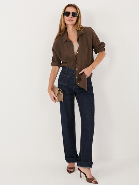 Chocolate oversized women's muslin shirt.