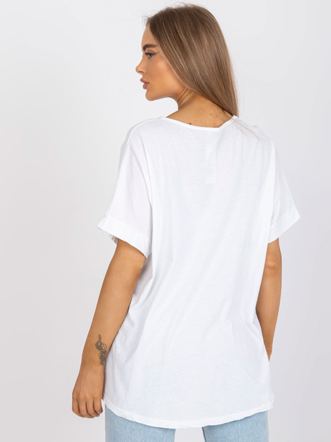 Biało-żółty damski t-shirt z aplikacją i nadrukiem