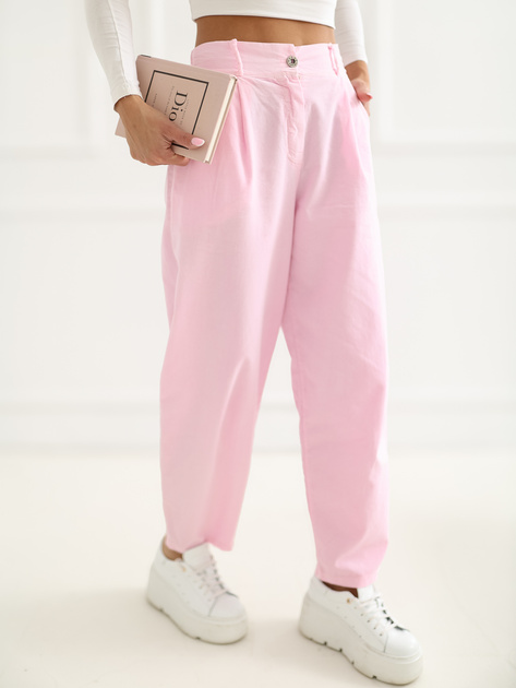 Jasnoróżowe sztruksowe spodnie z zakładkami RUE PARIS