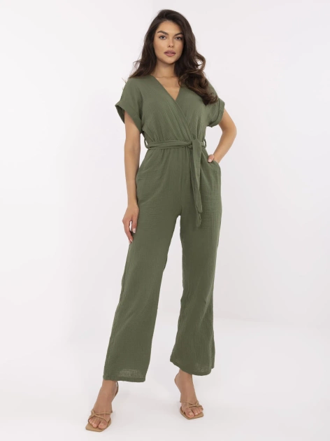 Khaki muślinowy kombinezon z krótkim rękawem