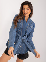 Hurt Ciemnoniebieska damska kurtka jeansowa z paskiem