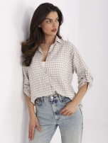 Hurt Beżowo-biała rozpinana koszula damska w kratę
