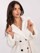 Ecru elegancki płaszcz z futerkiem RUE PARIS