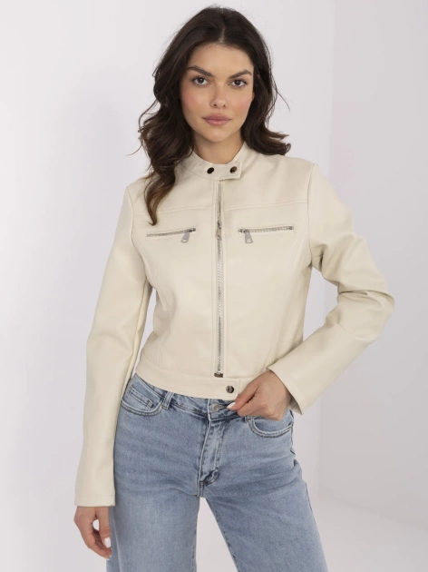 Beżowa krótka kurtka biker z zapięciem na suwak