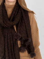 Hurt Ciemnobrązowy ażurowy szal damski z pomponami