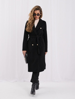 Black double-breasted coat with a tied belt.
