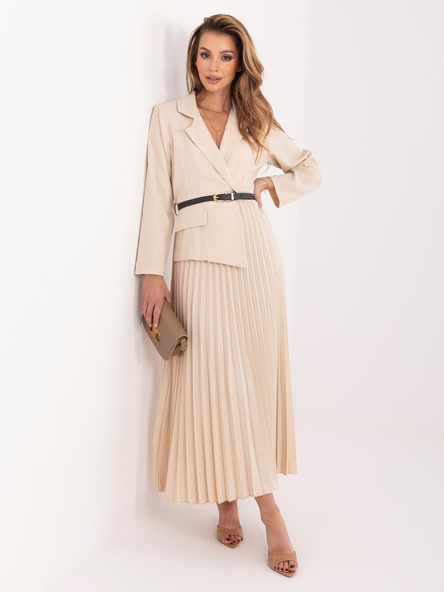 Jasnobeżowa midi sukienka z plisowanym dołem RUE PARIS 
