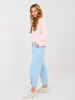 Light blue women's pants with decorative stripes.