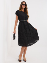 Black flared dress with a belt RUE PARIS.