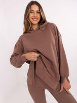 Hurt Brązowy dresowy komplet z legginsami w prążek