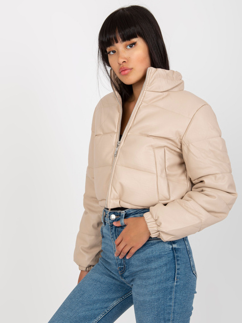 Hurt Jasnobeżowa krótka kurtka zimowa ze skóry ekologicznej