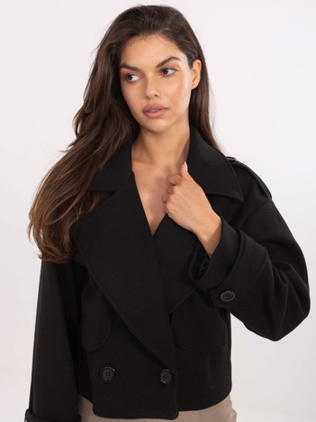 Czarny dwurzędowy płaszcz damski RUE PARIS