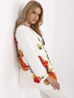 Cream women's blazer with a colorful print.