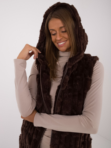 Hurt Ciemnobrązowa długa kamizelka futrzana z suwakiem