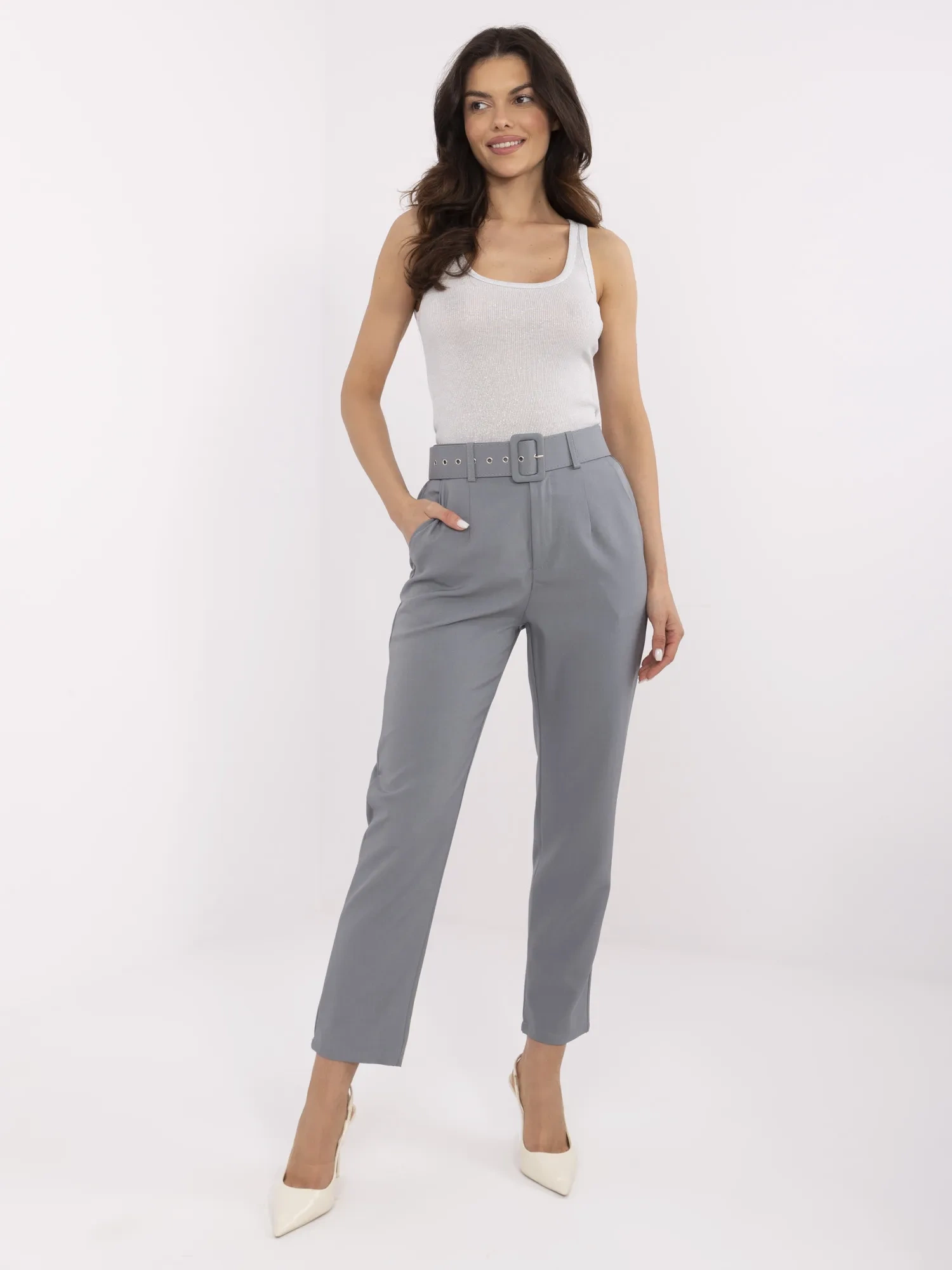 Dark gray high-waisted fabric pants.