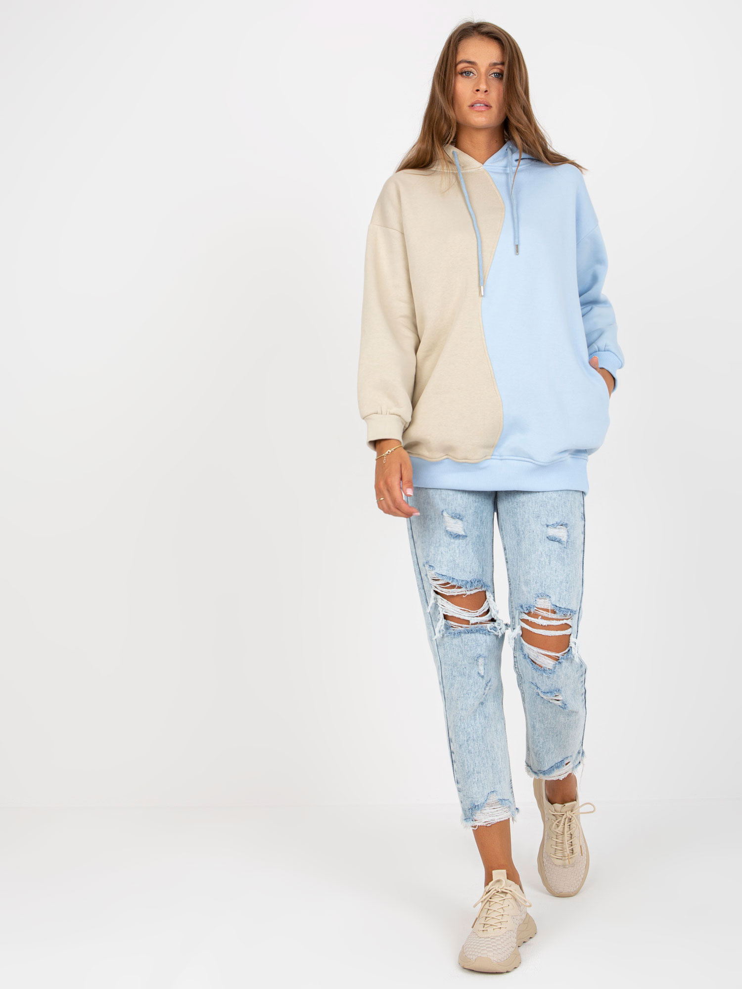Hurt beige-blau Damen Basic Hoodie mit Kapuze RUE PARIS.
