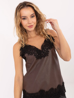 Brązowy top z ekoskóry na ramiączkach RUE PARIS 